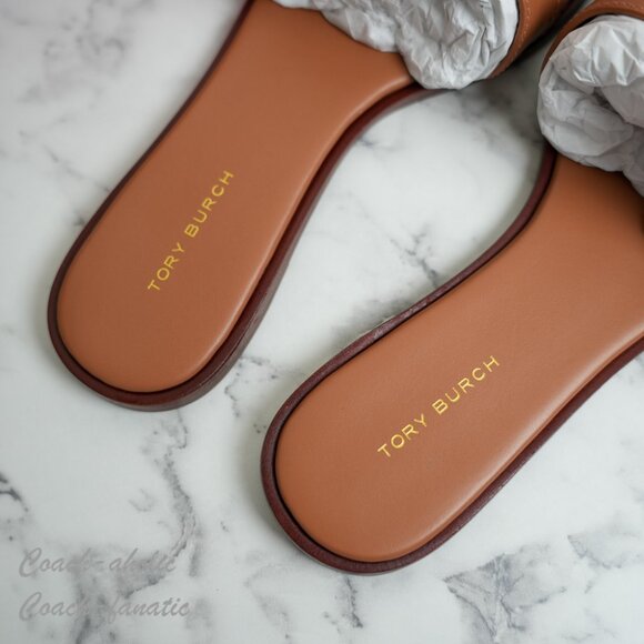 Tory Burch Everly Calf Leather Gold Logo Slide Sandals in Tan 60245 NIB - Picture 7 of 9